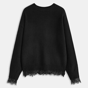 Black Women's Lace-Hem Sweater with back slit/lace insert